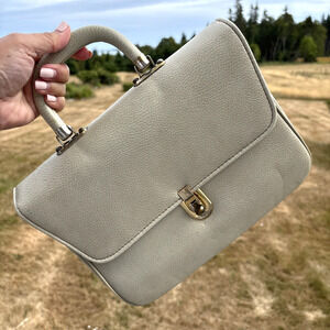 Vtg 50s Aetna Handbag Purse Leather Handbag Bag Taupe 11x9 Top Handle Retro